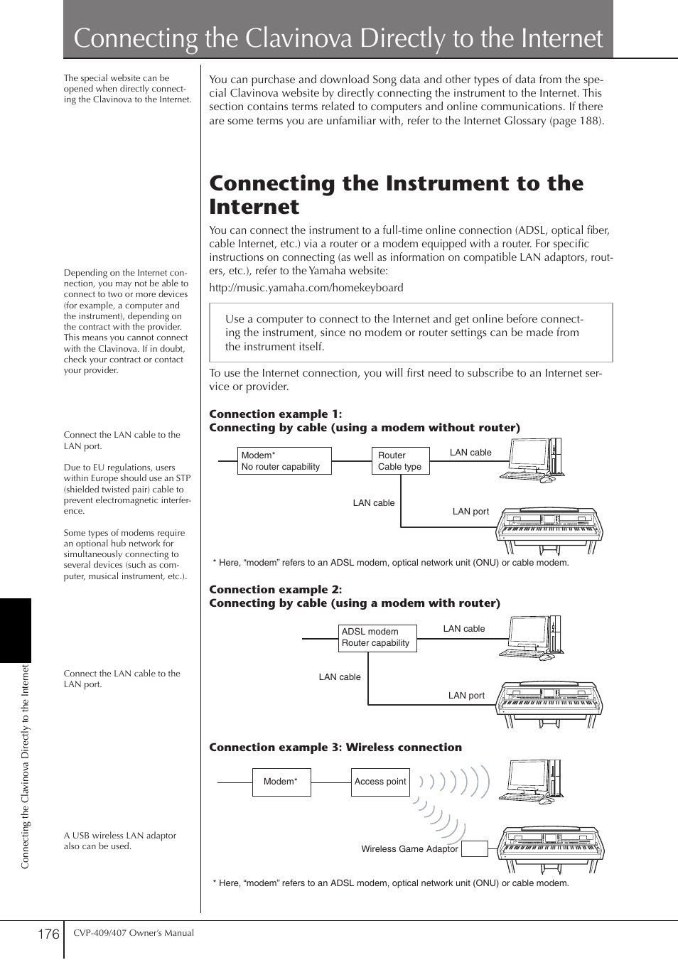 Connecting the clavinova directly to the internet, Connecting the instrument to the internet, Connecting the instrument to the internet . 176 | P. 176 | Yamaha CVP-409 User Manual | Page 176 / 226