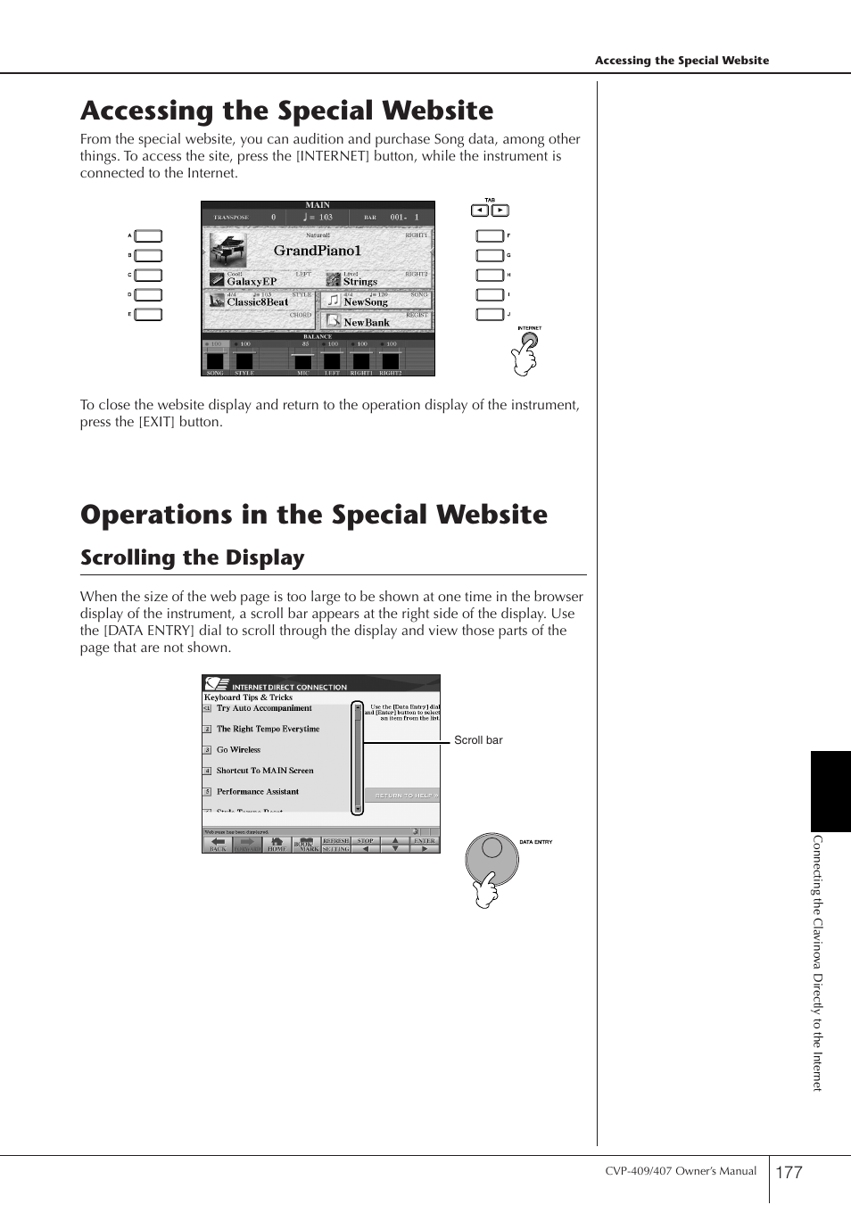 Accessing the special website, Operations in the special website, Scrolling the display | Yamaha CVP-409 User Manual | Page 177 / 226