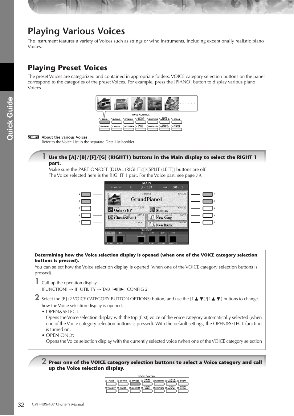 Playing various voices, P. 32, Quic k guide | Playing preset voices | Yamaha CVP-409 User Manual | Page 32 / 226