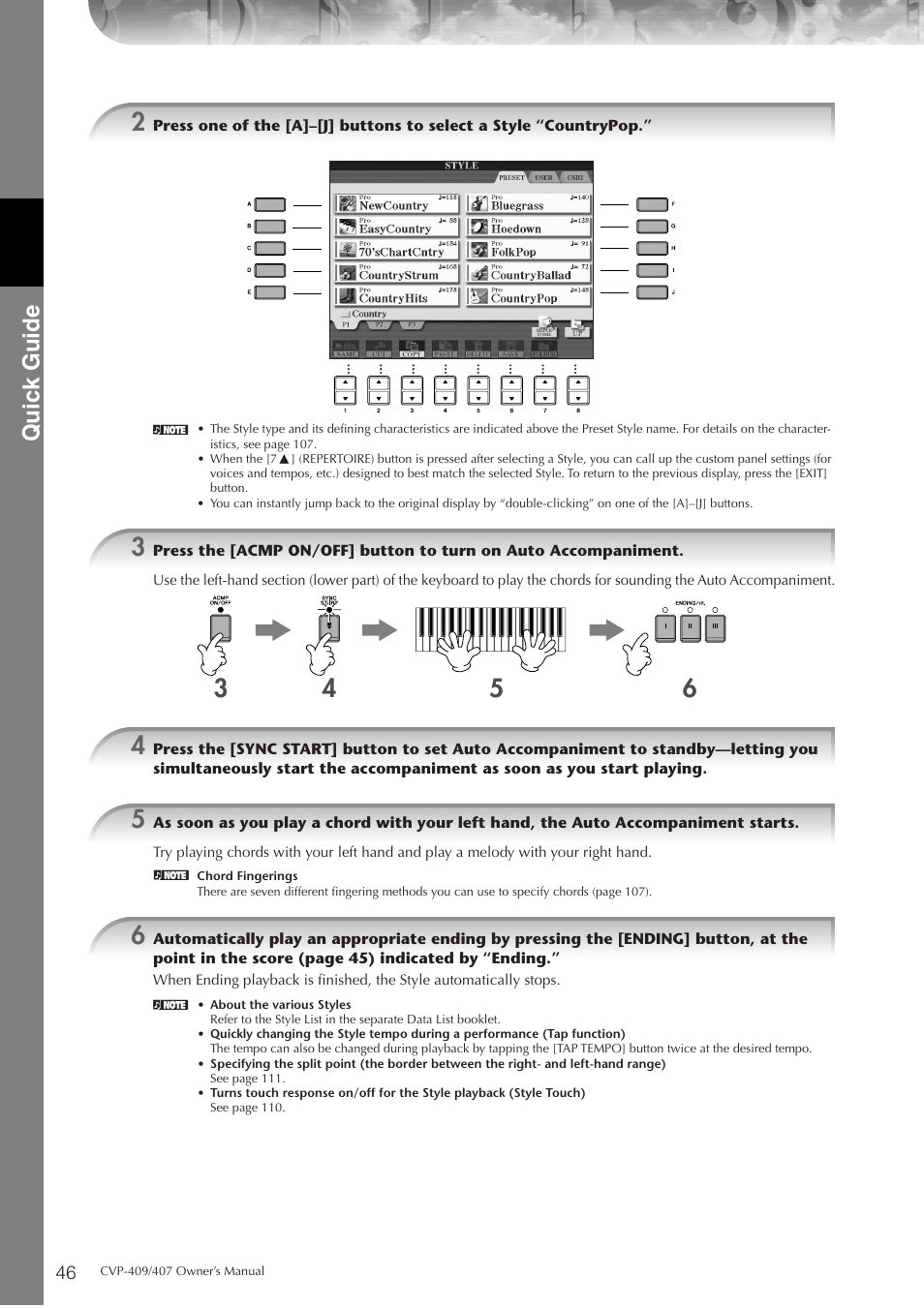 P. 46, Quic k guide | Yamaha CVP-409 User Manual | Page 46 / 226