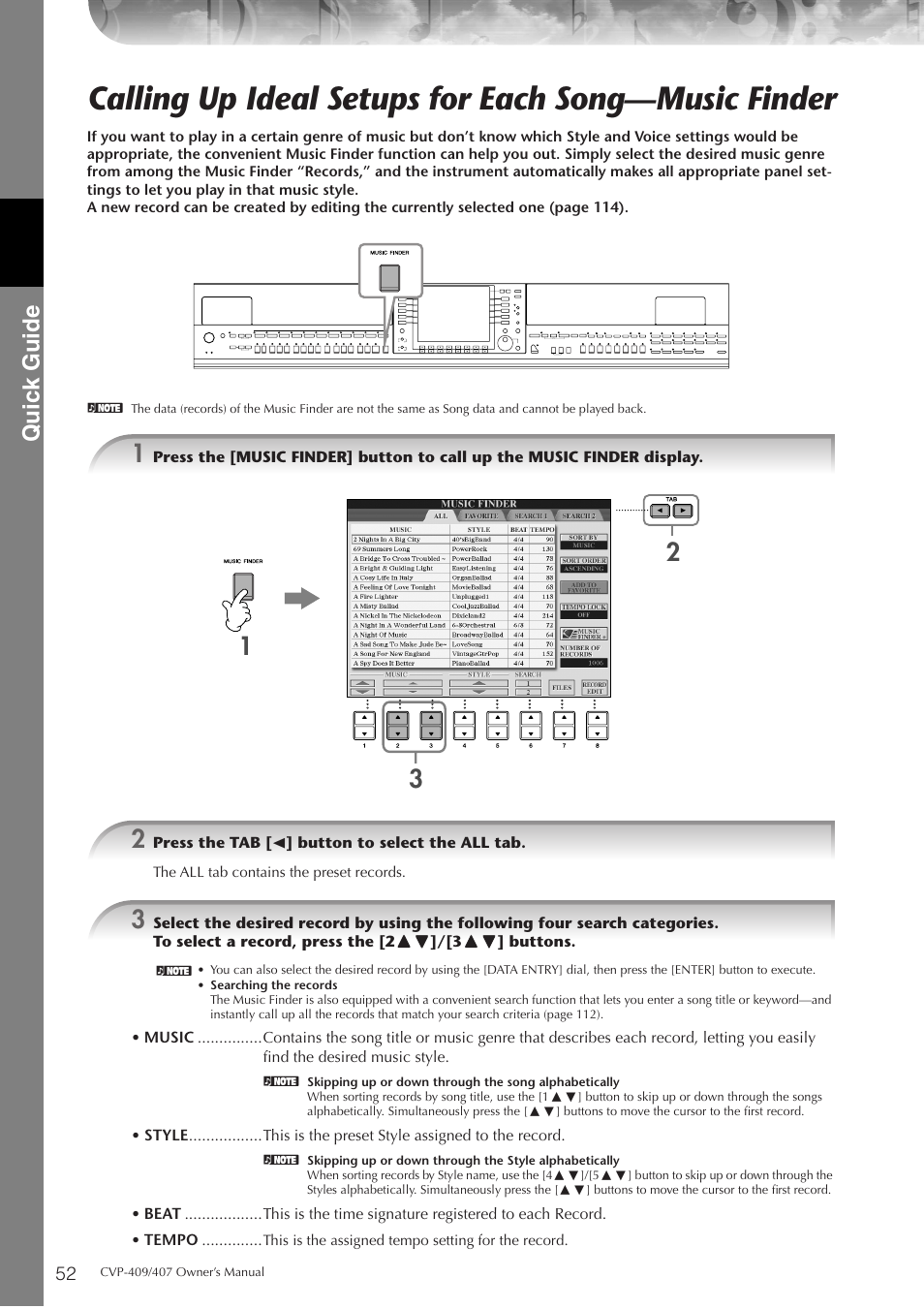 Calling up ideal setups for each song-music finder, P. 52, Calling up ideal setups for each song—music finder | Quic k guide | Yamaha CVP-409 User Manual | Page 52 / 226