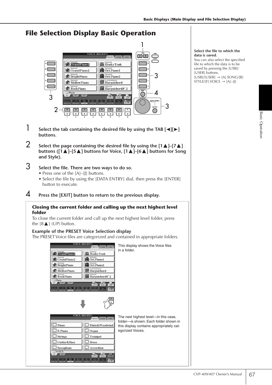 P. 67, File selection display basic operation | Yamaha CVP-409 User Manual | Page 67 / 226