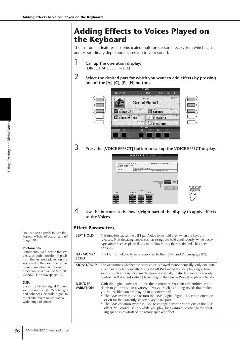 Adding effects to voices played on the keyboard, P. 86 | Yamaha CVP-409 User Manual | Page 86 / 226
