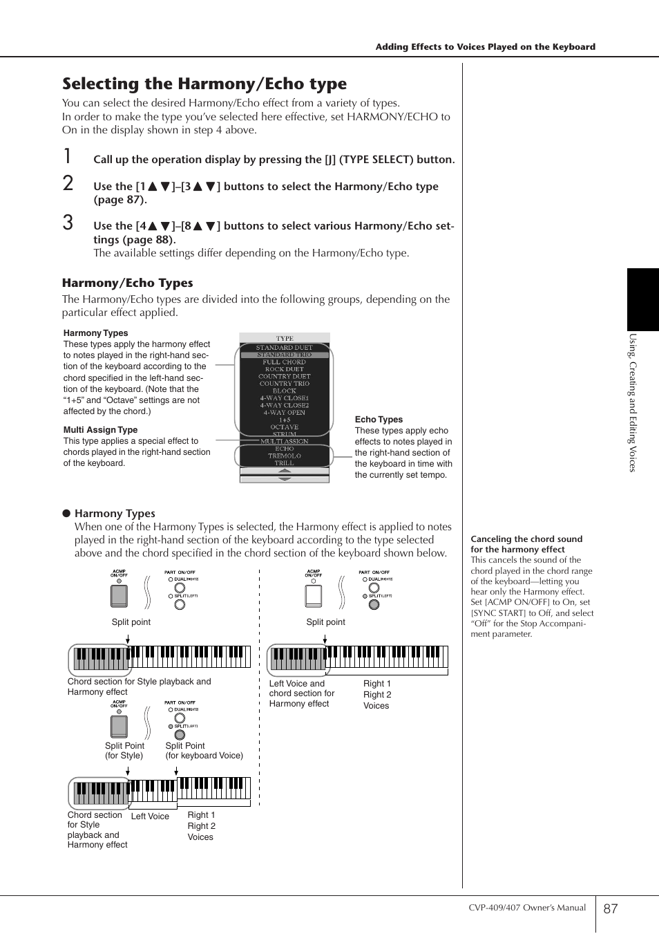 Selecting the harmony/echo type | Yamaha CVP-409 User Manual | Page 87 / 226