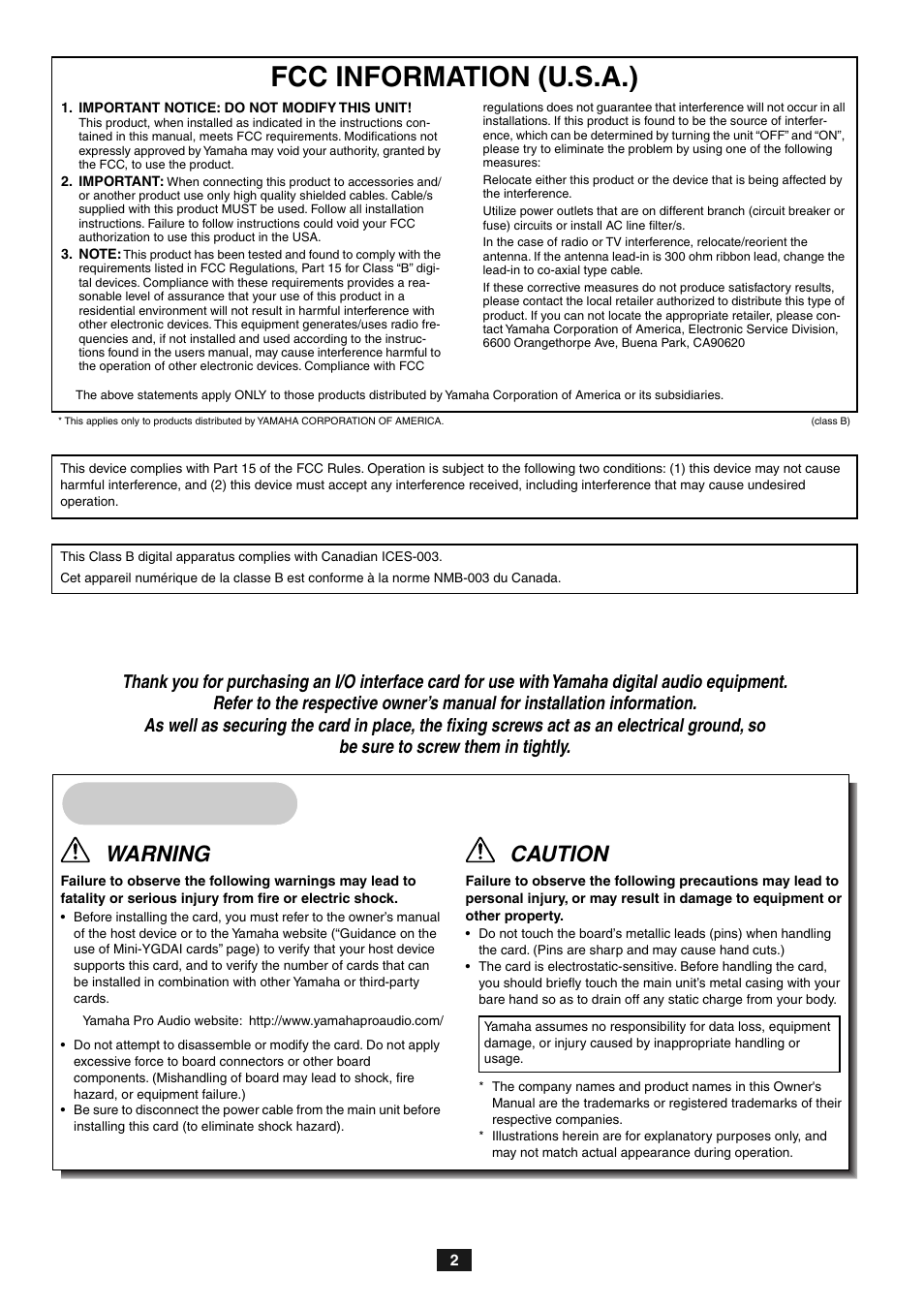 Fcc information (u.s.a.), Precautions, Warning | Caution | Yamaha MY8-AEB User Manual | Page 2 / 12