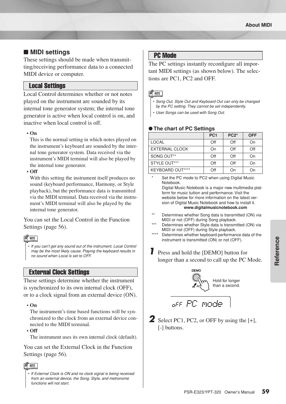 Local settings external clock settings, Pc mode, Midi settings | Ref erence | Yamaha YPT-320  EN User Manual | Page 59 / 80