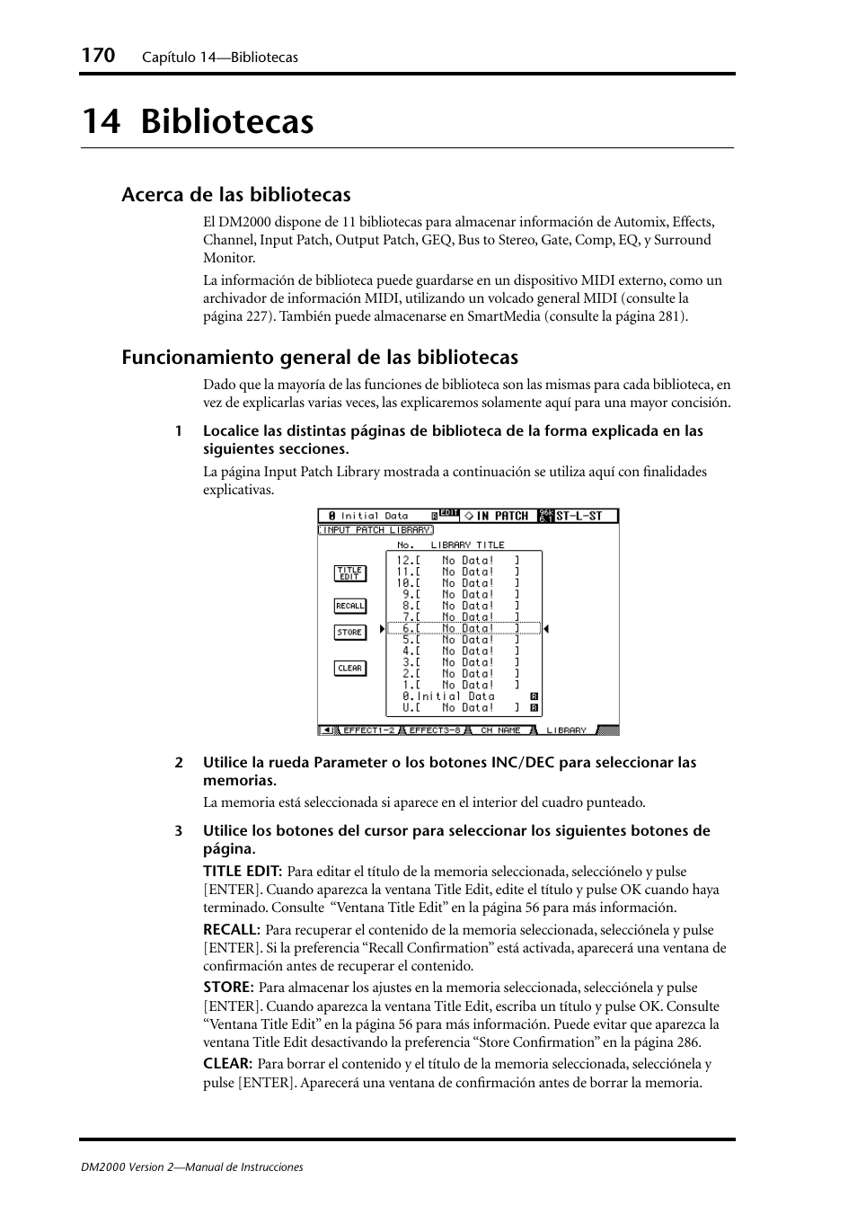 14 bibliotecas, Acerca de las bibliotecas, Funcionamiento general de las bibliotecas | Yamaha DM 2000 User Manual | Page 170 / 410