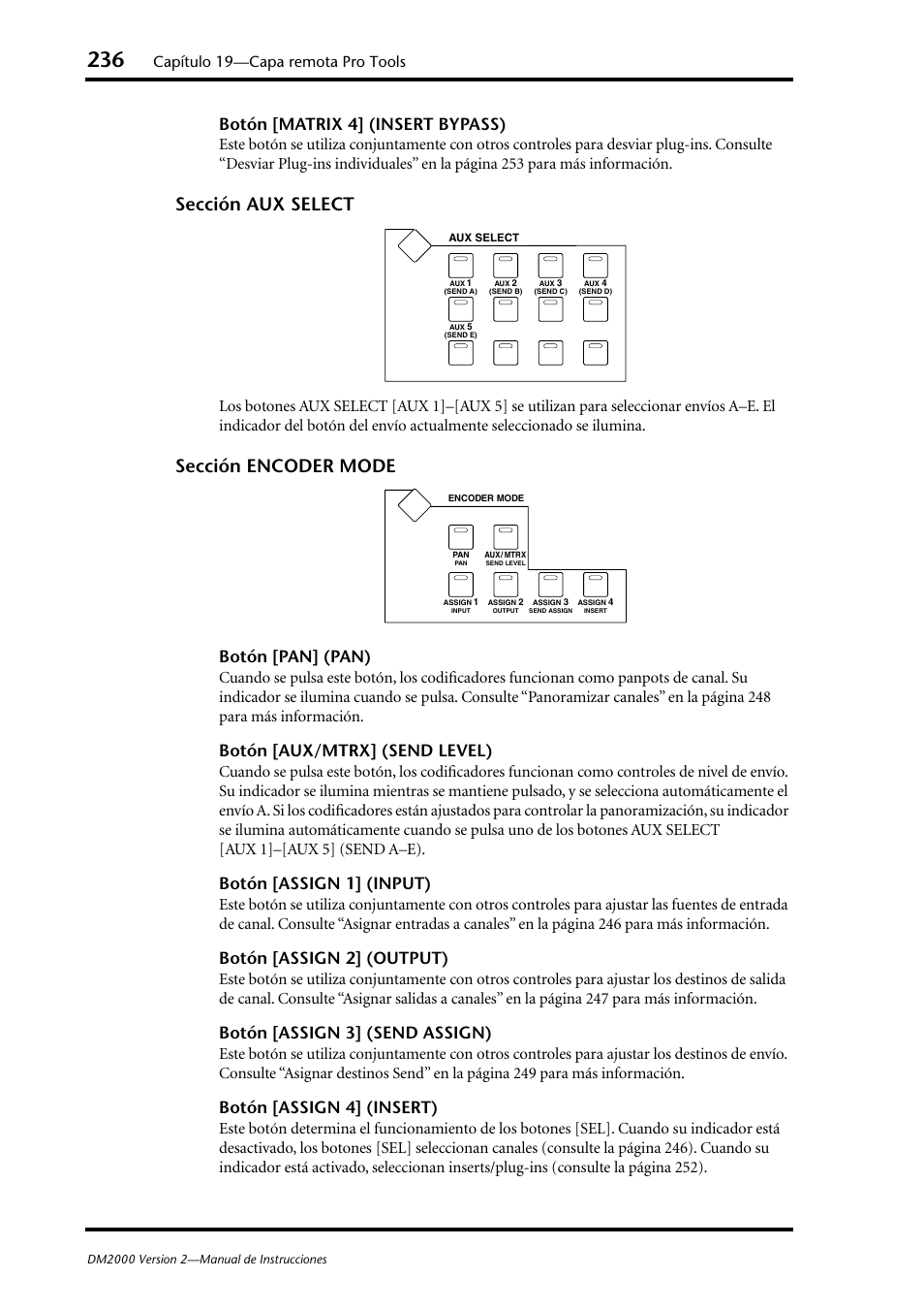 Sección aux select, Sección encoder mode, Botón [matrix 4] (insert bypass) | Botón [pan] (pan), Botón [aux/mtrx] (send level), Botón [assign 1] (input), Botón [assign 2] (output), Botón [assign 3] (send assign), Botón [assign 4] (insert), Capítulo 19—capa remota pro tools | Yamaha DM 2000 User Manual | Page 236 / 410