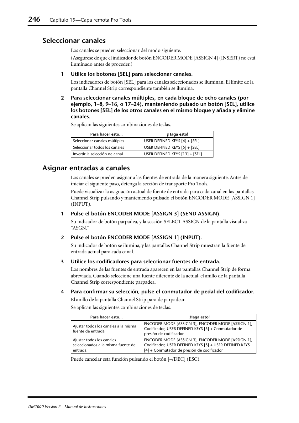 Seleccionar canales, Asignar entradas a canales, Seleccionar canales asignar entradas a canales | Yamaha DM 2000 User Manual | Page 246 / 410