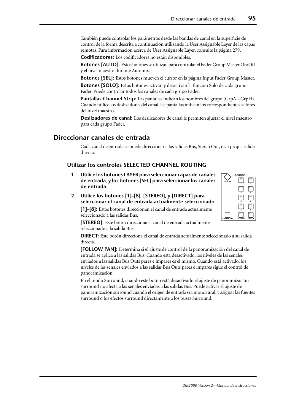 Direccionar canales de entrada, Utilizar los controles selected channel routing | Yamaha DM 2000 User Manual | Page 95 / 410