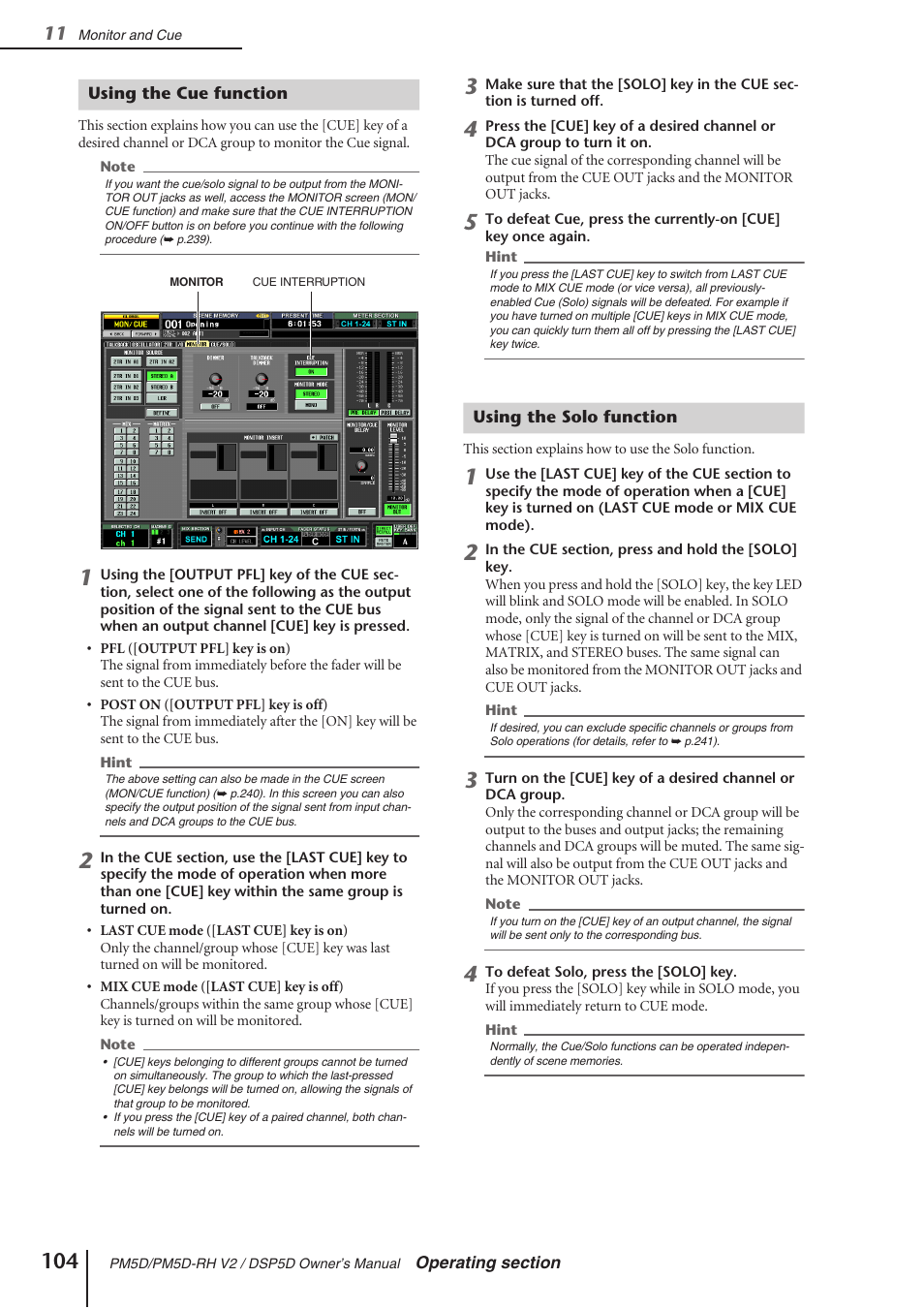 Using the cue function, Using the solo function, Using the cue function using the solo function | Yamaha DSP5D User Manual | Page 104 / 409