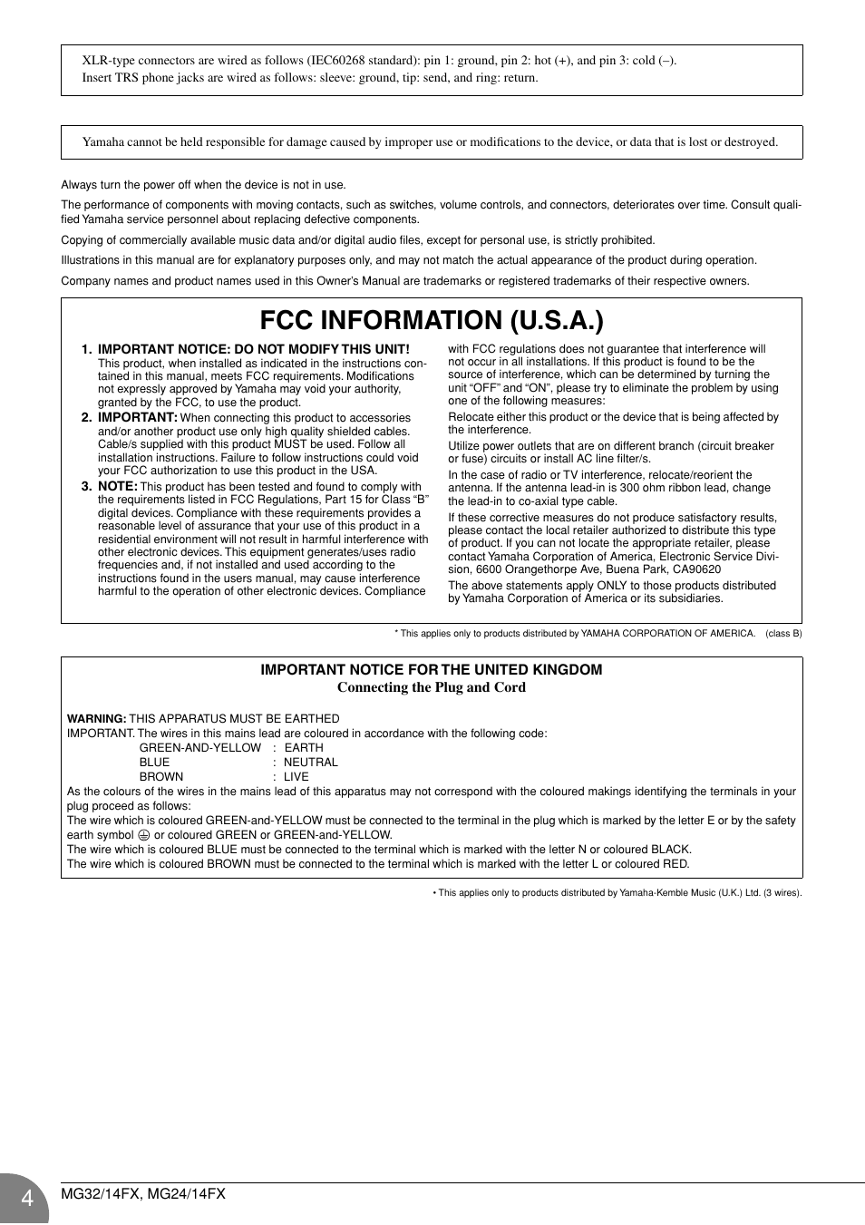 Fcc information (u.s.a.) | Yamaha WA66540 User Manual | Page 4 / 28