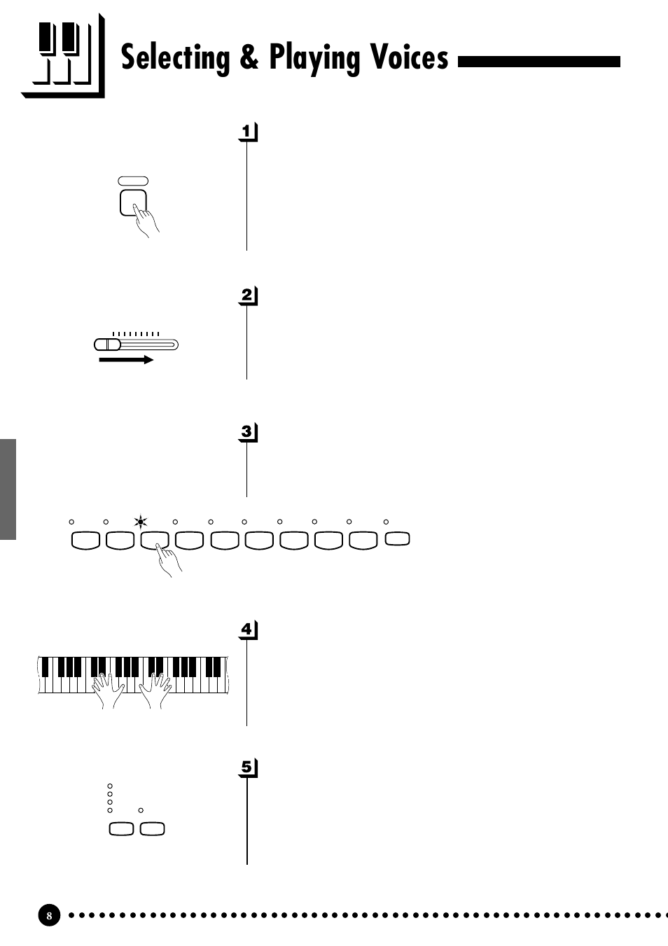Selecting & playing voices, Turn power on, Set the volume | Select a voice, Play, Add effects as required | Yamaha CLP-555 User Manual | Page 10 / 54