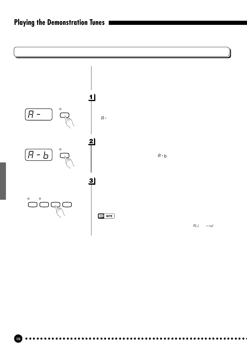 Piano song a-b repeat, Playing the demonstration tunes, Specify the beginning (a) of the phrase | Specify the end (b) of the phrase, Stop playback | Yamaha CLP-555 User Manual | Page 12 / 54