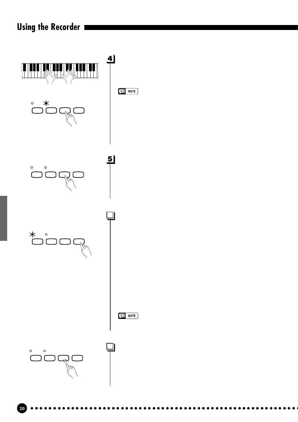 Using the recorder, Start recording, Stop recording | Erasing a single track, Changing the initial settings | Yamaha CLP-555 User Manual | Page 22 / 54