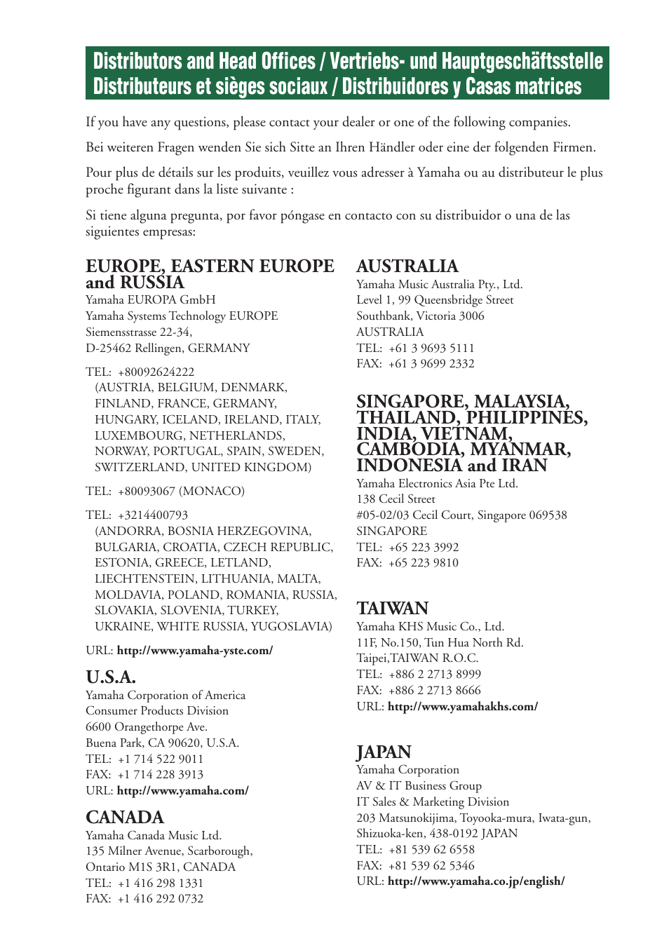 Europe, eastern europe and russia, U.s.a, Canada | Australia, Taiwan, Japan | Yamaha CRW8824SX Series User Manual | Page 45 / 46