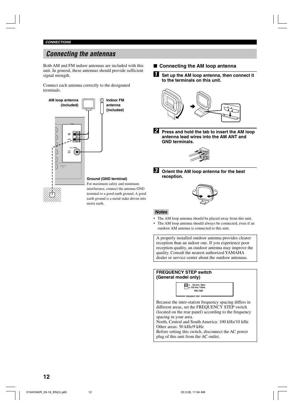 Connecting the antennas, Connecting the am loop antenna | Yamaha Natural Sound HTR-5630 User Manual | Page 16 / 60