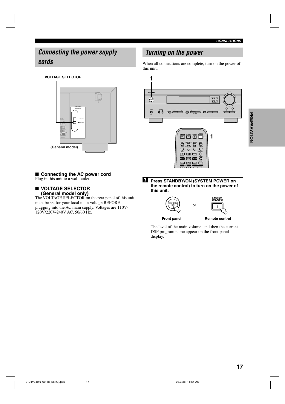 Connecting the power supply cords, Turning on the power, Connecting the ac power cord | Voltage selector (general model only), English prep ara tion, Plug in this unit to a wall outlet, Volume | Yamaha Natural Sound HTR-5630 User Manual | Page 21 / 60