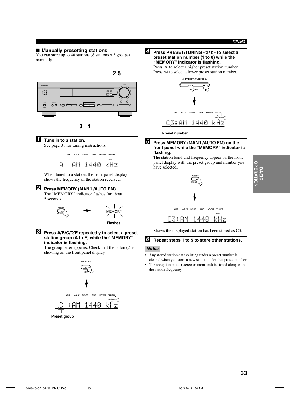 Aam 1440 khz, C :am 1440 khz, Manually presetting stations | Yamaha Natural Sound HTR-5630 User Manual | Page 37 / 60