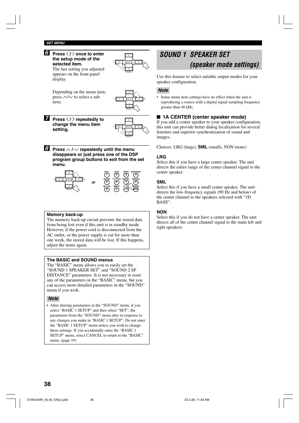 Sound 1 speaker set (speaker mode settings), 1a center (center speaker mode) | Yamaha Natural Sound HTR-5630 User Manual | Page 42 / 60