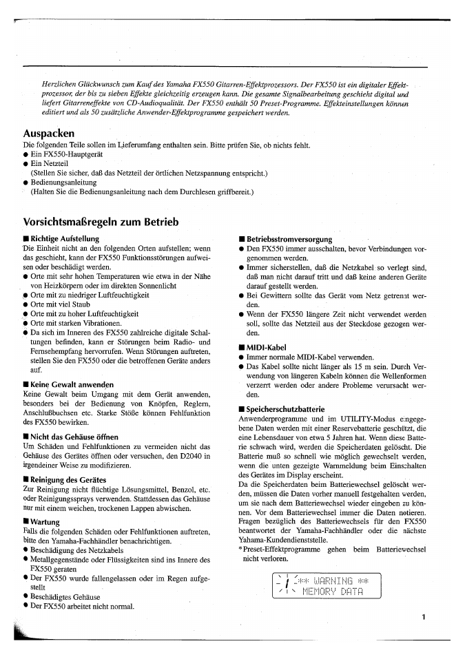 Auspacken, Vorsichtsmaßregeln zum betrieb, Keine gewalt anwenden | Nicht das gehäuse öffnen, Betriebsstromversorgung, Midi-kabel | Yamaha FX550 User Manual | Page 101 / 150