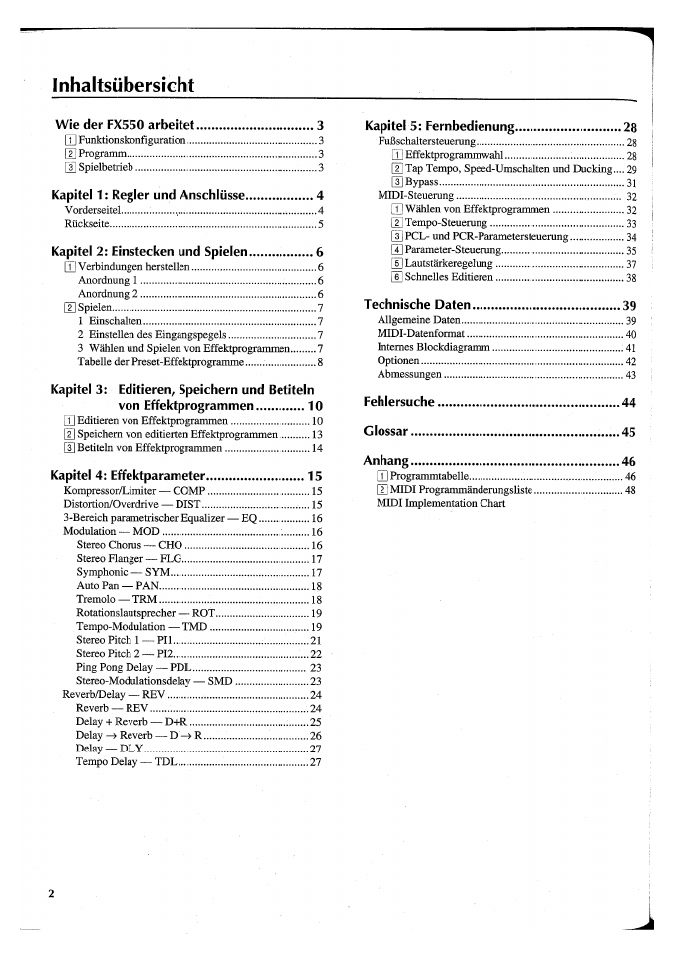 Inhaltsübersicht | Yamaha FX550 User Manual | Page 102 / 150