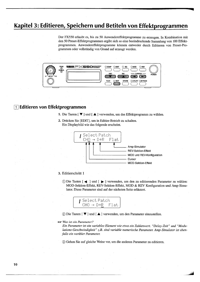 Az) (3d ra (s, T] editieren von effektprograrnmen, Kapitel 3: editieren^ speichern und betiteln | Von effektprogrammen, Jj editieren von effektprogrammen, A cd cd cd cd, Cd cd cd cd | Yamaha FX550 User Manual | Page 110 / 150