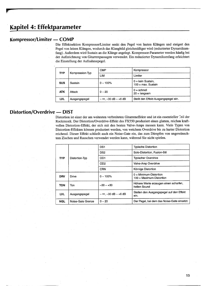 Kapitel 4: effektparameter, Kompressor/limiter — comp, Distortion/overdrive — dist | Yamaha FX550 User Manual | Page 115 / 150