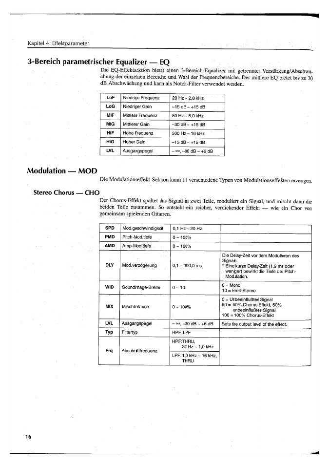 Bereich parametrischer equalizer — eq, Modulation — mod, Stereo chorus — cho | Yamaha FX550 User Manual | Page 116 / 150