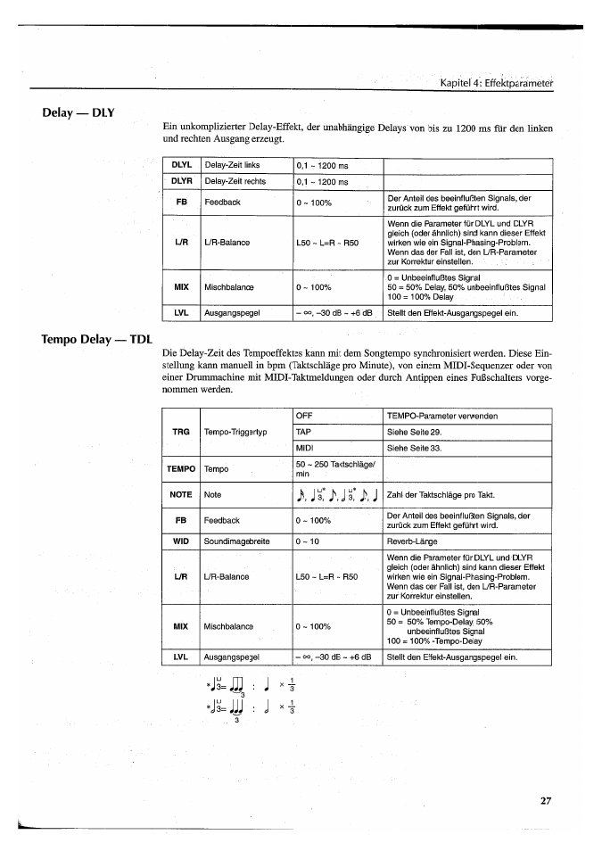 J x i, J3=ö, Delay — dly | Tempo delay — tdl | Yamaha FX550 User Manual | Page 127 / 150