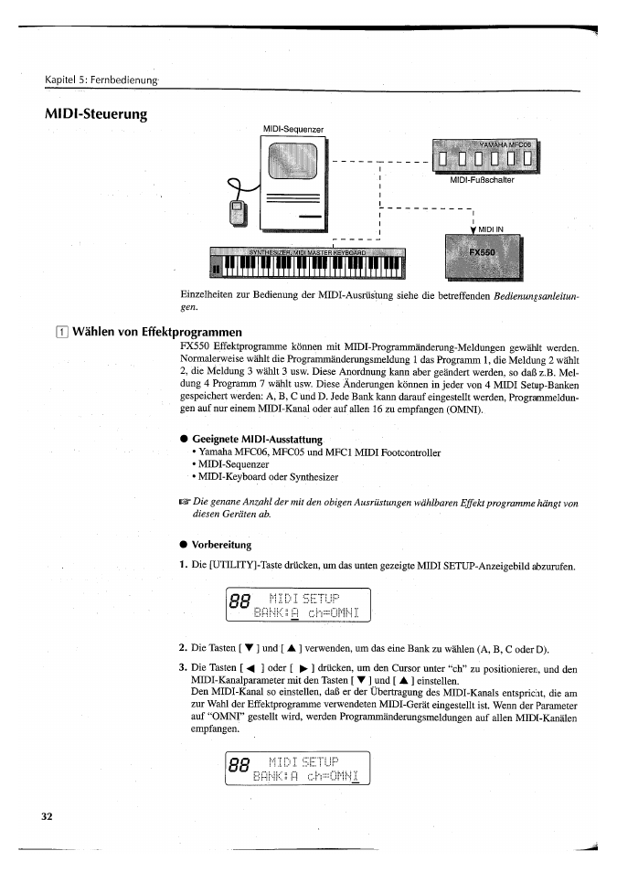 T] wählen von effektprogrammen, Geeignete midi-ausstattung, Vorbereitung | D d d □ d d | Yamaha FX550 User Manual | Page 132 / 150