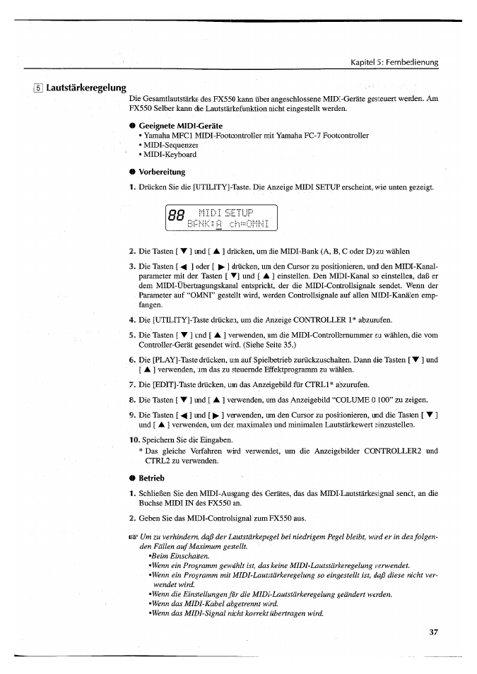 Geeignete midi-geräte, Vorbereitung, Betrieb | Yamaha FX550 User Manual | Page 137 / 150