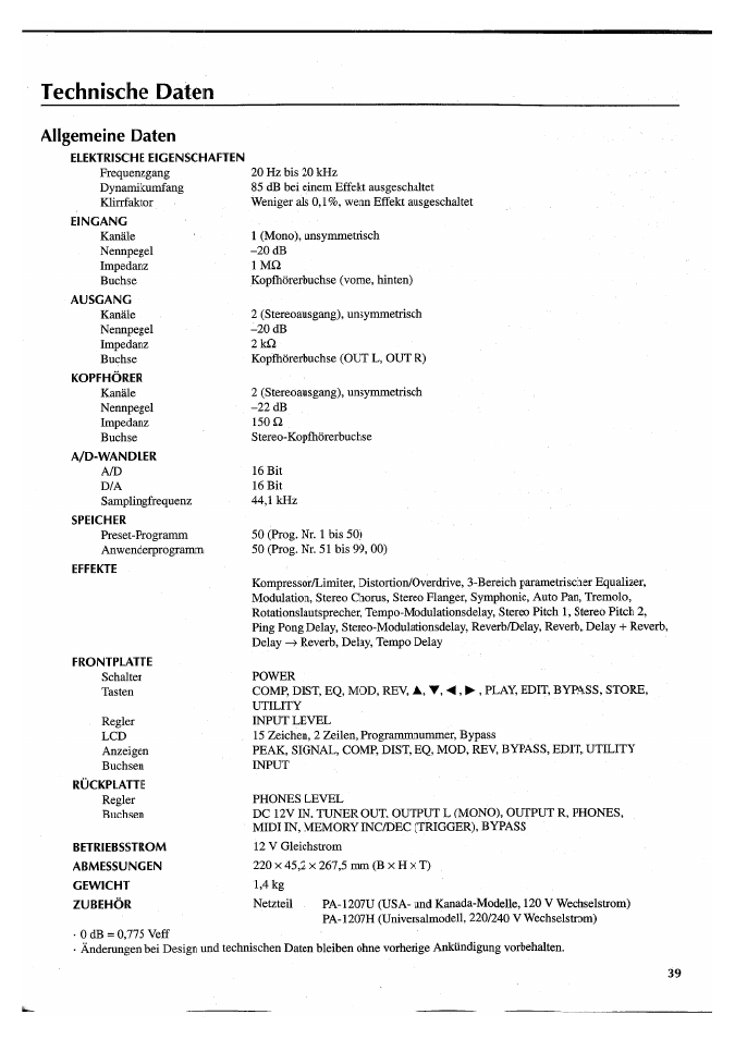 Technische daten | Yamaha FX550 User Manual | Page 139 / 150