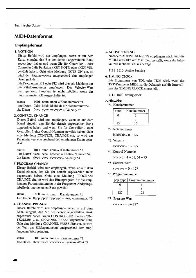 Midi-datenformat, Note on, Control change | Program change, Channel pressure, Active sensing, Timing clock, Hinweise | Yamaha FX550 User Manual | Page 140 / 150