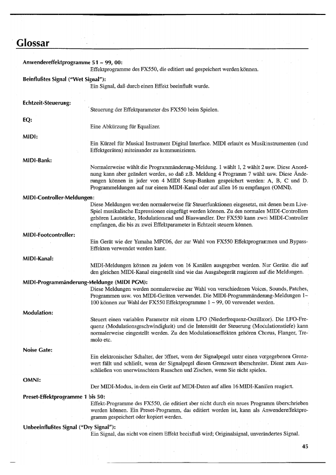 Glossar, Anwendereffektprogramme 51 ~ 99, 00, Midi-footcontroller | Midi-kanal, Modulation | Yamaha FX550 User Manual | Page 145 / 150