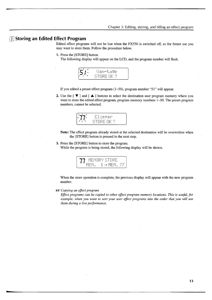 Storing an edited effect program | Yamaha FX550 User Manual | Page 15 / 150