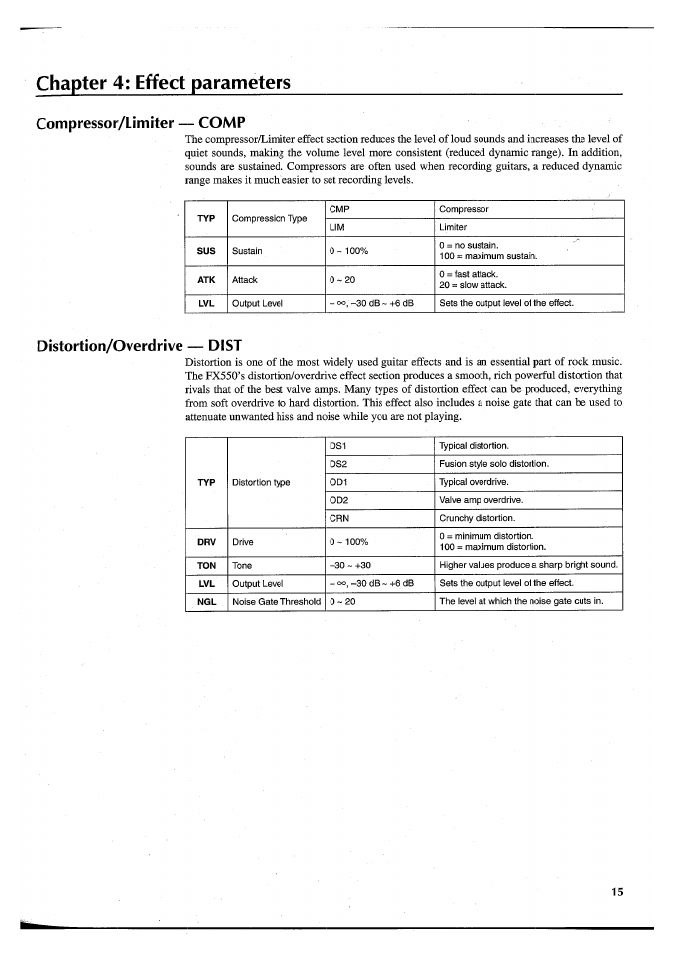 Chapter 4: effect parameters, Compressor/limiter — comp, Distortion/overdrive — dist | Yamaha FX550 User Manual | Page 17 / 150