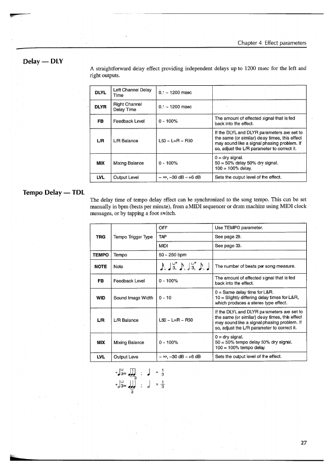 J3=a : j, J3=jjj : j xi, Delay — dly | Tempo delay — tdl | Yamaha FX550 User Manual | Page 29 / 150