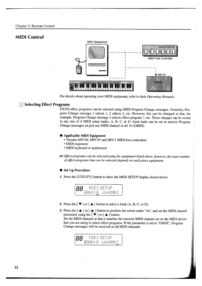 Midi control, Applicable midi equipment, Set up procedure | Yamaha FX550 User Manual | Page 34 / 150