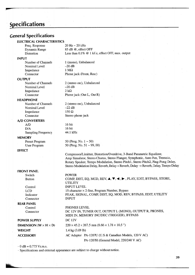 Specifications | Yamaha FX550 User Manual | Page 41 / 150
