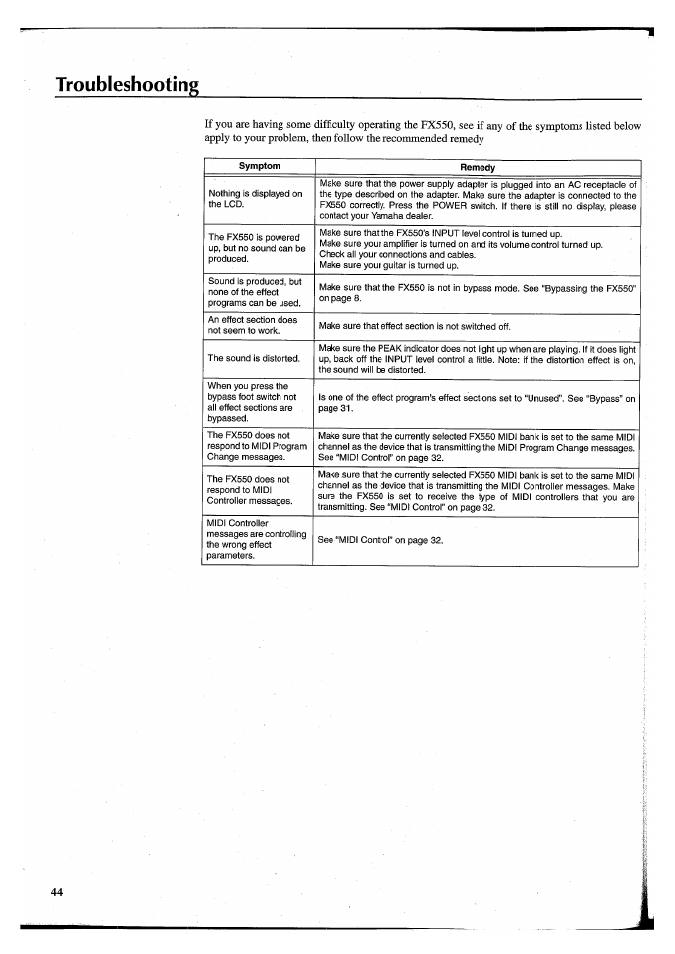 Troubleshooting | Yamaha FX550 User Manual | Page 46 / 150