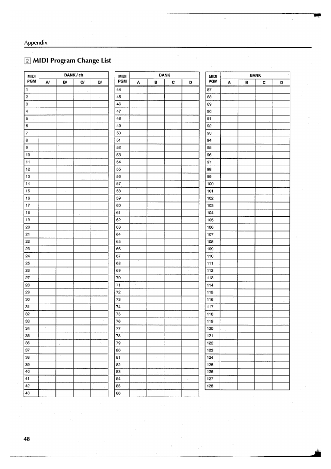 Midi program change list, Appendix | Yamaha FX550 User Manual | Page 50 / 150