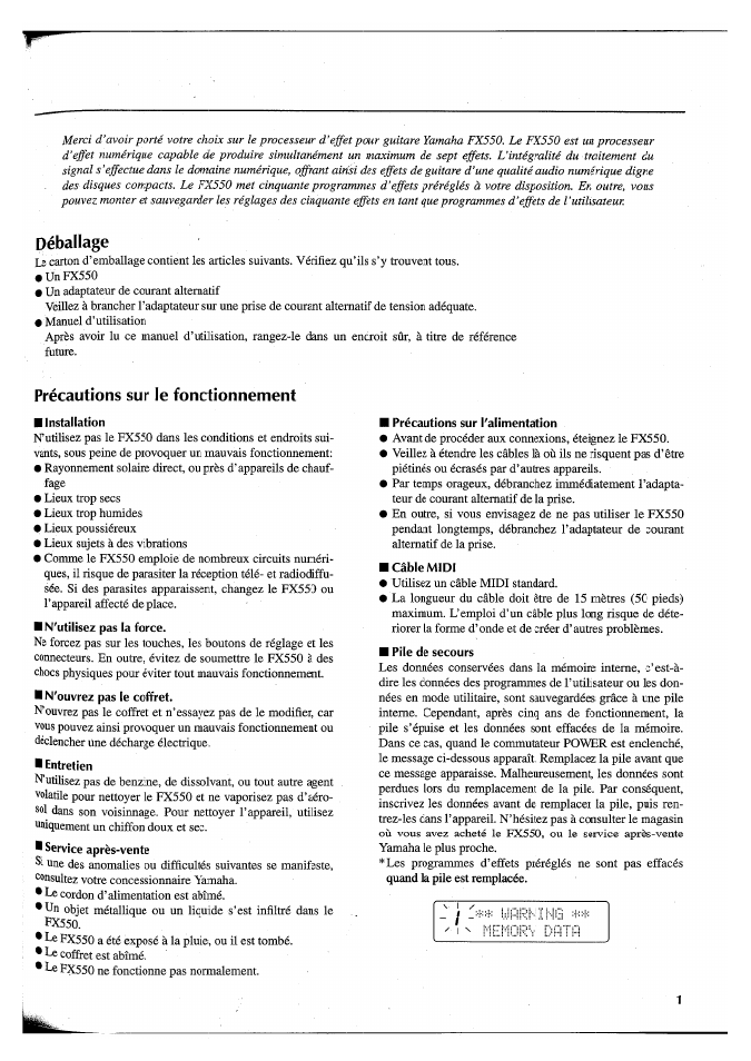 Déballage, Précautions sur le fonctionnement, Installation | Précautions sur l'alimentation, Pile de secours, N'utilisez pas la force, N'ouvrez pas le coffret, Entretien, Service après-vente | Yamaha FX550 User Manual | Page 52 / 150