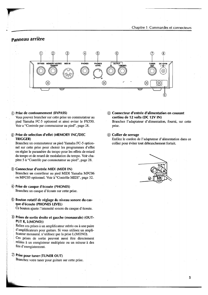 Panneau arriéré, Prise de contournement (bypass), 3) connecteur d'entrée midi (midi in) | 4) prise de casque d'écoute (phones), Collier de serrage, Panneau arrière, Branchez votre tuner pour guitare sur cette prise | Yamaha FX550 User Manual | Page 56 / 150