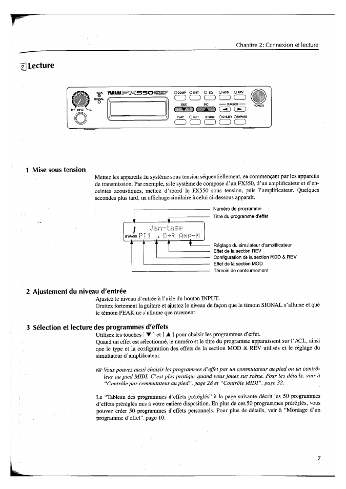 Lecture, Co cd cd cd) cd, A a cd a cd | 1 mise sous tension, 2 ajustement du niveau d'entrée, 3 sélection et lecture des programmes d'effets | Yamaha FX550 User Manual | Page 58 / 150