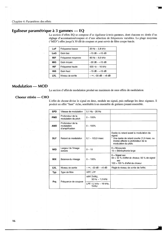 Egaliseur paramétrique à 3 gammes — eq, Modulation — mod, Tempo modulation — tmd | Choeur stéréo — cho | Yamaha FX550 User Manual | Page 67 / 150
