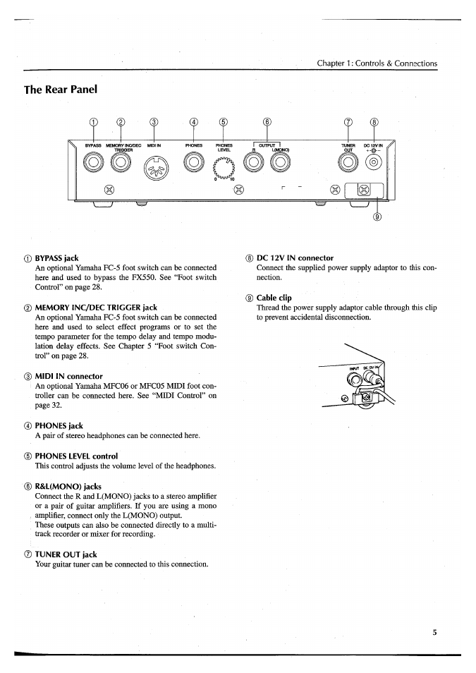 The rear panel, Bypass jack, Memory inc/dec trigger jack | Midi in connector, Dc 12v in connector, Cable clip, Phones jack, Phones level control, R&l(mono) jacks, Tuner out jack | Yamaha FX550 User Manual | Page 7 / 150