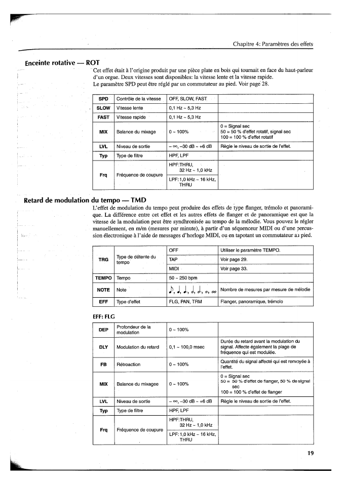 Enceinte rotative — rot, Retard de modulation du tempo — tmd, Eff:flg | J, j-, j, j-, o, oo | Yamaha FX550 User Manual | Page 70 / 150
