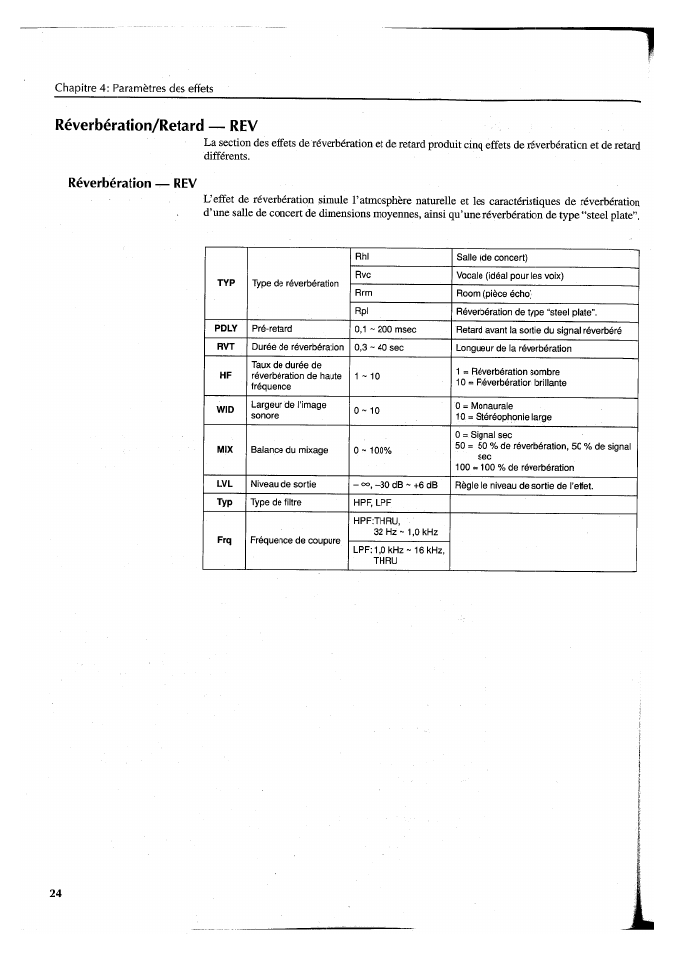 Réverbération/retard — rev, Réverbération — rev | Yamaha FX550 User Manual | Page 75 / 150
