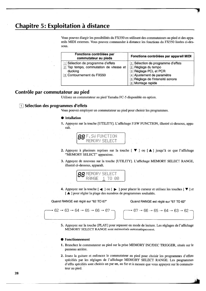 Chapitre 5: exploitation à distance, Contrôle par commutateur au pied, T] sélection des programmes d'effets | Intallation, Fonctionnement, Installation 2, G sélection des programmes d’effets | Yamaha FX550 User Manual | Page 79 / 150